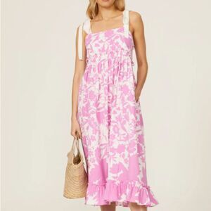 Peter Som Sleeveless Square Neck A-Line Floral Midi Dress Pink White Size 0